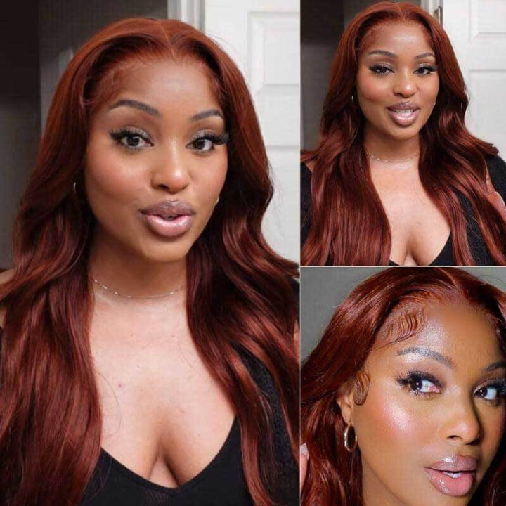 13x4 glueless lace front wig, Reddish Brown color, 180% density Body Wave