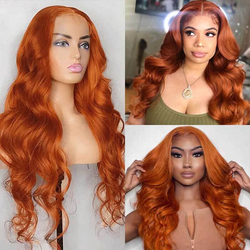 13x4 glueless lace front wig, Ginger color, 180% density Body Wave