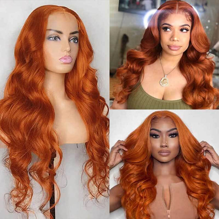 13x4 glueless lace front wig, Ginger color, 180% density Body Wave