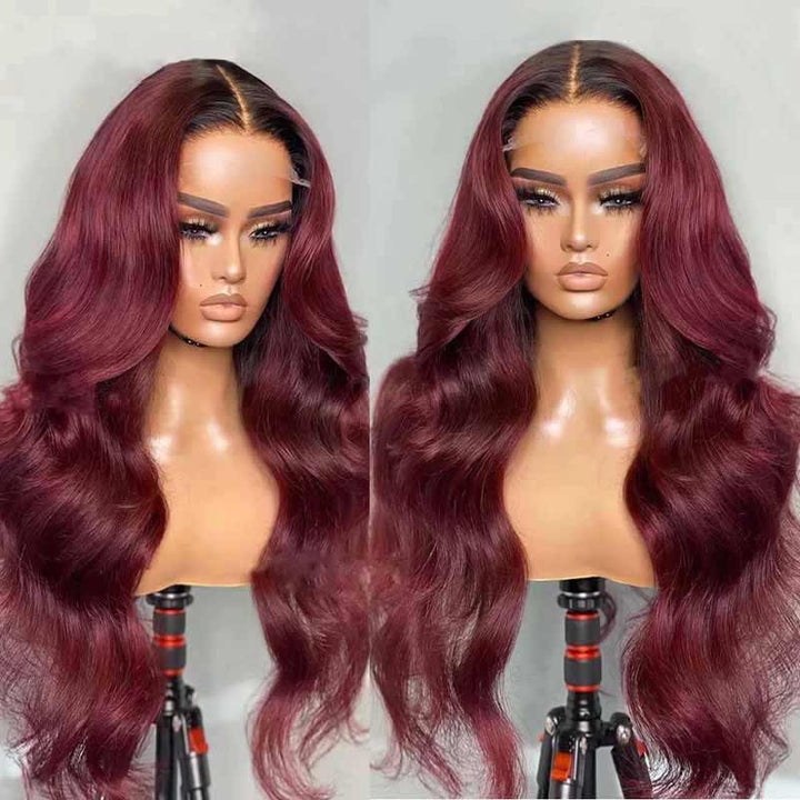 13x4 lace front wig, 1B/99J ombre, 180% density human hair