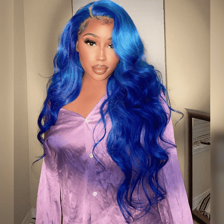13x4 lace front wig, Blue color, 180% density human hair