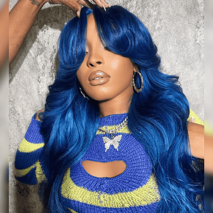 13x4 lace front wig with curtain bangs, Blue color, human hair