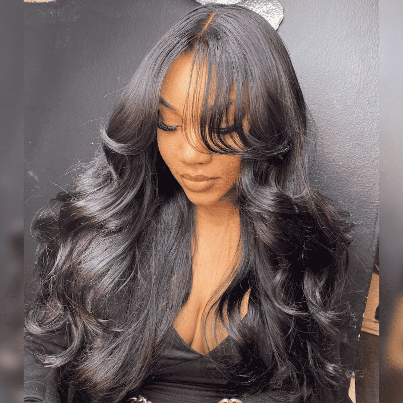 13x4 lace front wig with curtain bangs, Body Wave, human hair