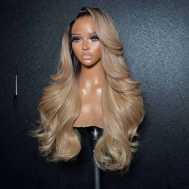13x6 HD Lace Front Human Hair Wig With Ash Blonde Balayage Highlights With Dark Root