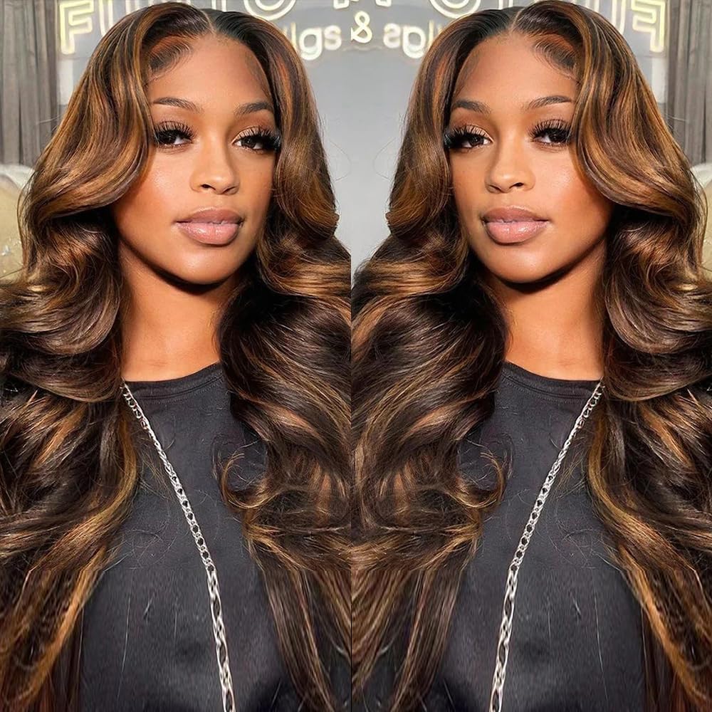 ALIGLOSSY 1B/30 Highlight Body Wave Wig Human Hair 13x6 HD Lace Front 180 Density