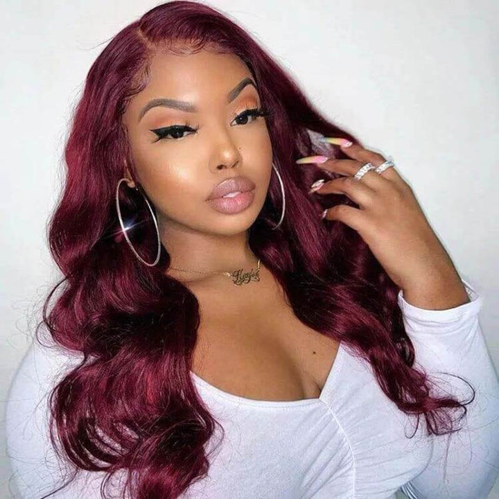13x6 HD transparent lace front Body Wave human hair wig, 99J Burgundy