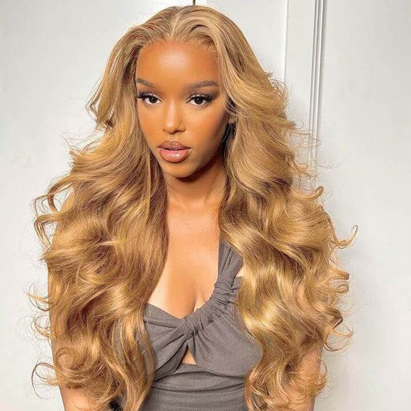13x6 HD transparent lace front Body Wave wig, Honey Blonde #27