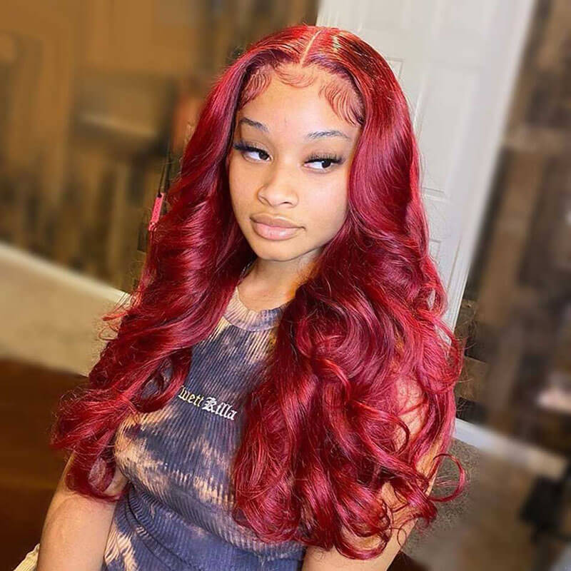 13x6 HD transparent lace front Body Wave wig, Red Burgundy color