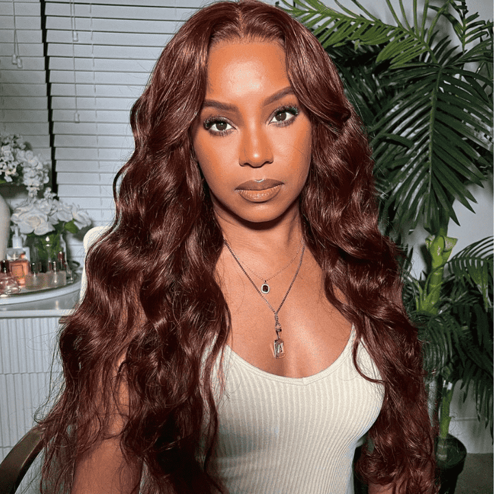 13x6 HD transparent lace front Body Wave wig, Reddish Brown #33