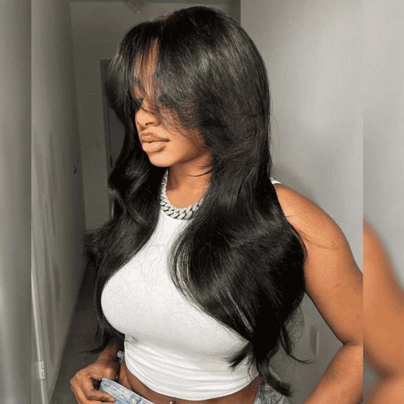 13x6 lace front wig, Curtain Bangs, 250% density Body Wave