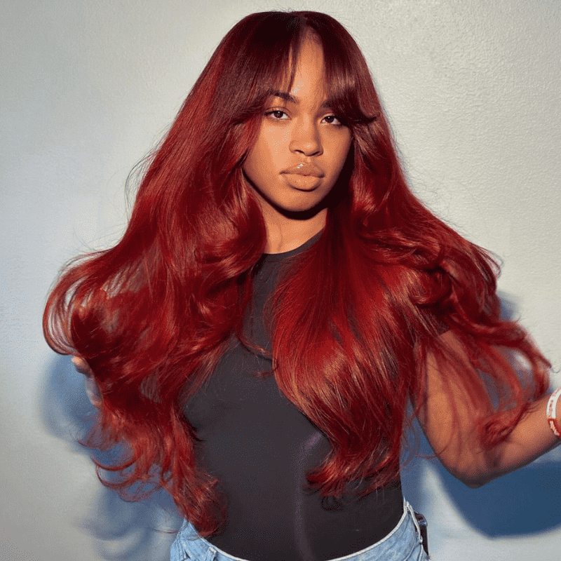 180% Density 99J Burgundy Curtain Bangs 13x4 HD lace front wig