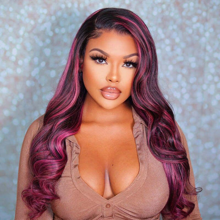 180% Density Balayage Pink Violet Highlights 13x4 lace front wig