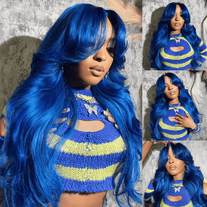 180% Density Blue 13x4 lace front Body Wave wig with curtain bangs