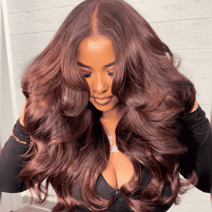 180% Density Reddish Brown Body Wave 13x4 lace front wig with curtain bangs
