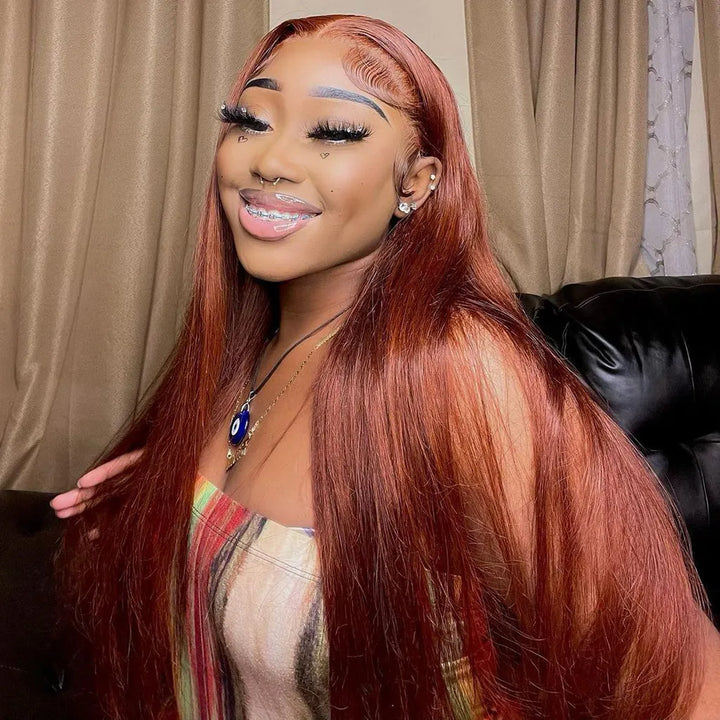 180 Density Reddish Brown Straight Wig with HD Transparent Lace
