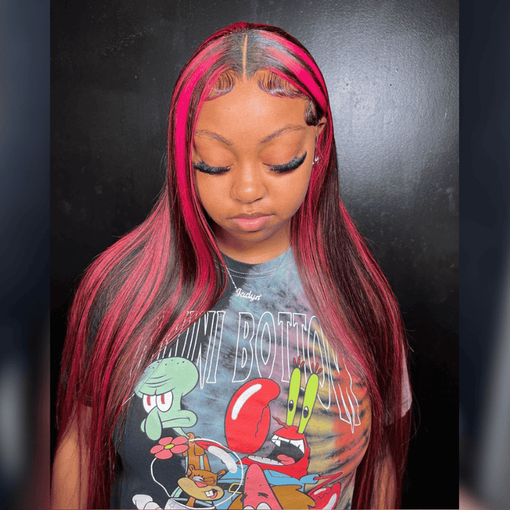 180% density 13x4 lace front wig, 1B Burgundy Highlight human hair