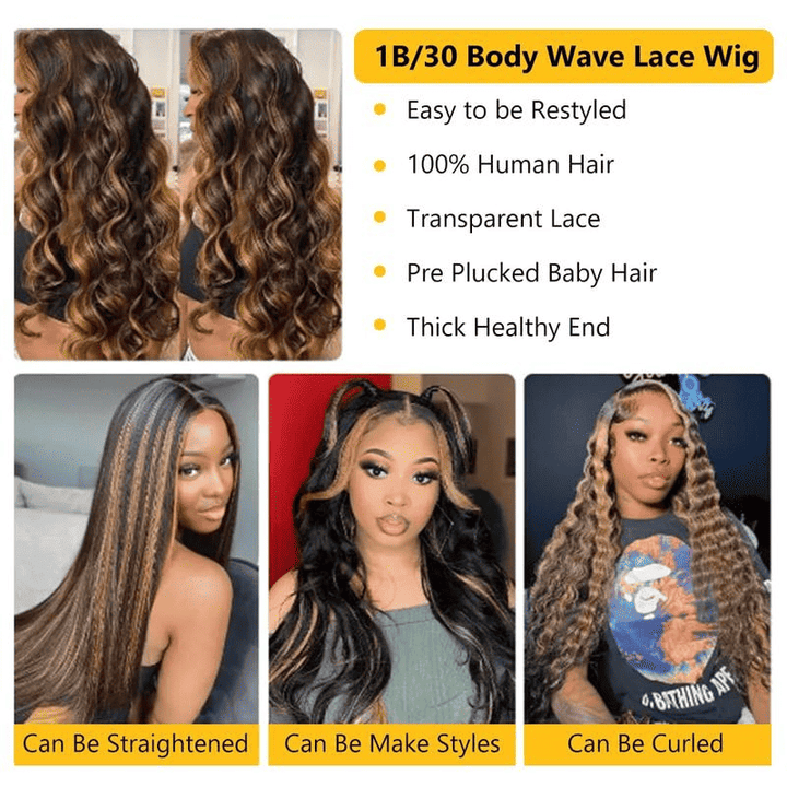 180% density 1B/30 Highlight Body Wave lace front wig, HD transparent lace