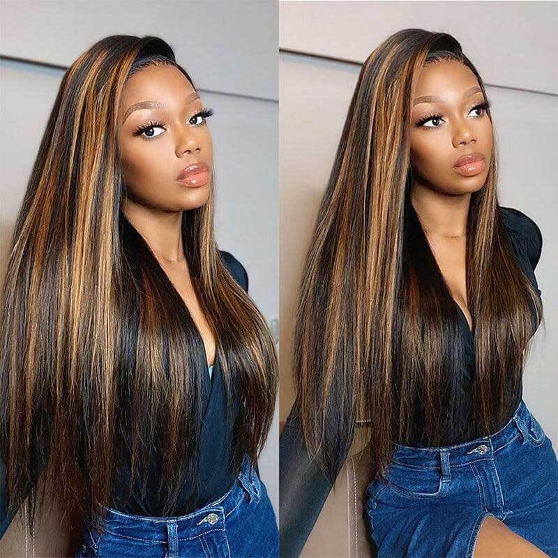 180% density 1B/30 Highlight straight wig, 13x4 HD lace front human hair