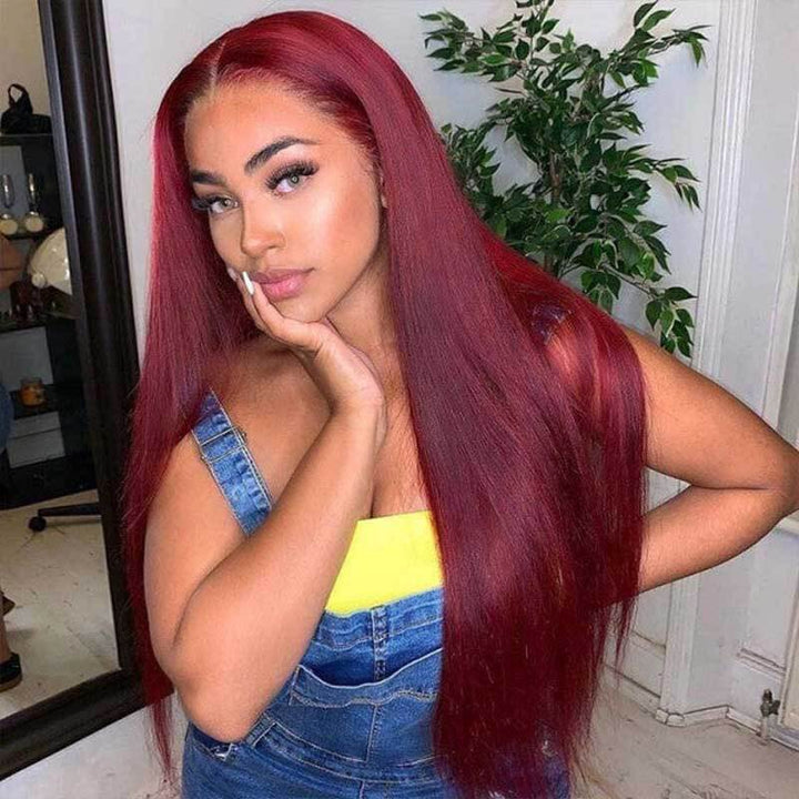 180% density 99J Straight wig, pre-cut glueless human hair closure, beginner friendly