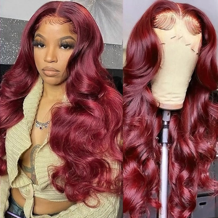 180% density Body Wave wig, 99J Burgundy, 13x4 HD transparent lace