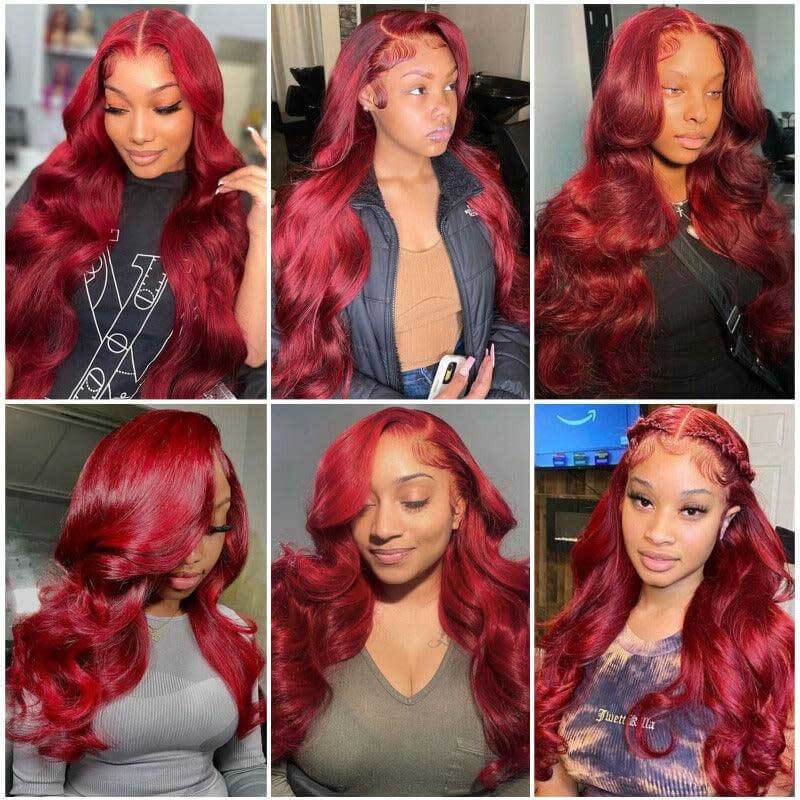 180% density Body Wave wig, Burgundy, 13x4 HD transparent lace