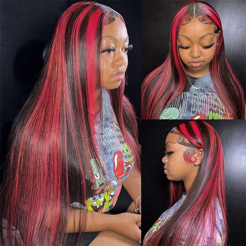 180% density Burgundy Highlight straight wig, 13x4 HD lace front human hair