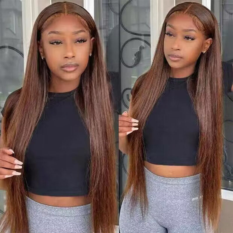 180% density Chocolate Brown Straight human hair wig, pre-cut glueless closure