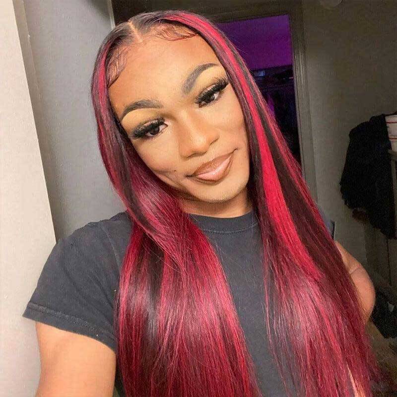 180% density Highlight Burgundy human hair wig, HD transparent lace front