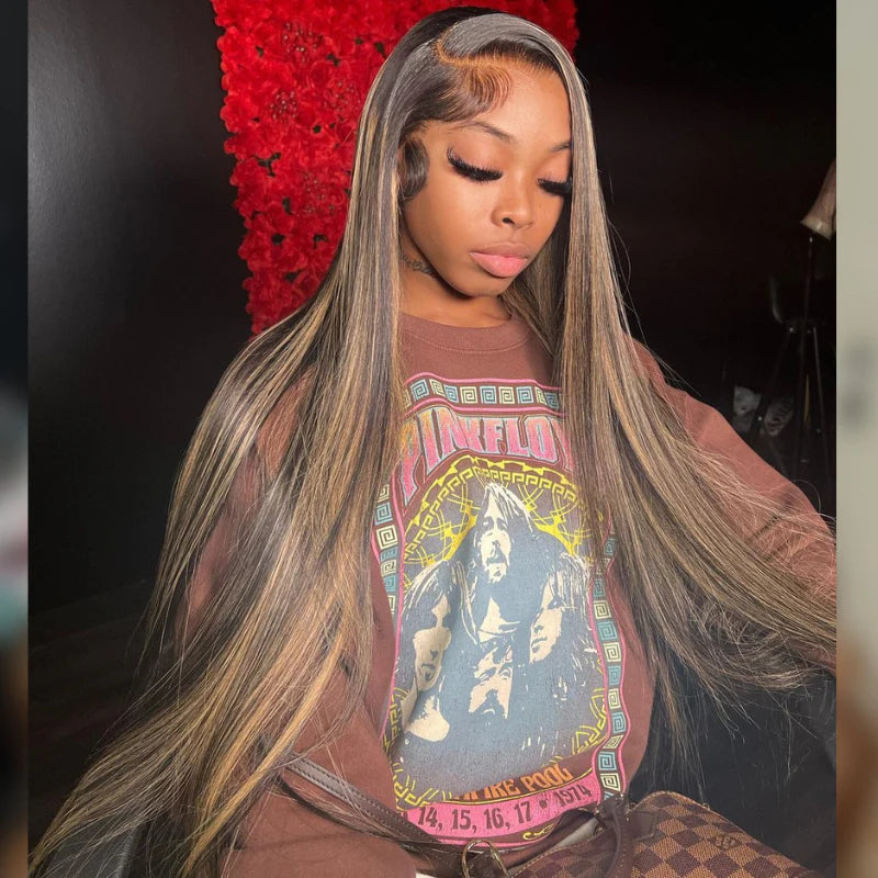 180% density Highlight straight wig, 13x4 HD lace front human hair closure