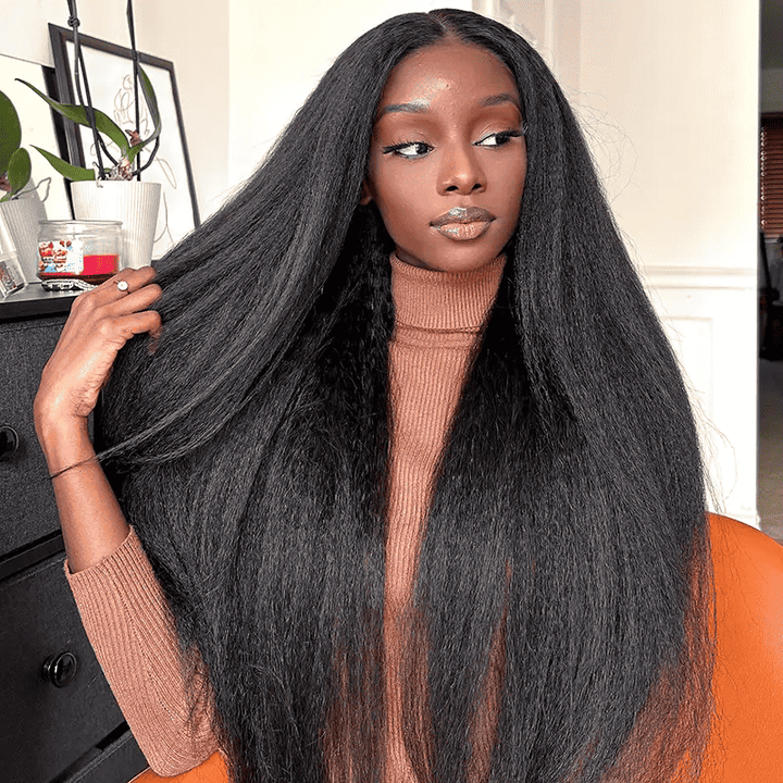 180% density Kinky Straight wig, 4x4 13x4 HD transparent lace, glueless human hair