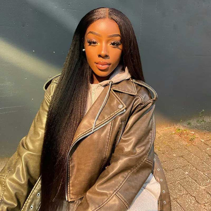 180% density Kinky Straight wig, Bye Bye Knots pre-cut glueless closure, premium human hair