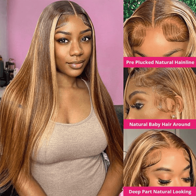180% density P4/27 Highlight straight wig, 13x4 HD lace front human hair
