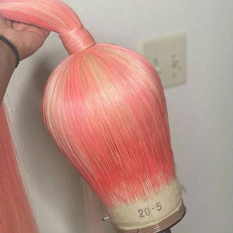 180% density Pink human hair wig, Blonde Highlights, 13x4 lace front
