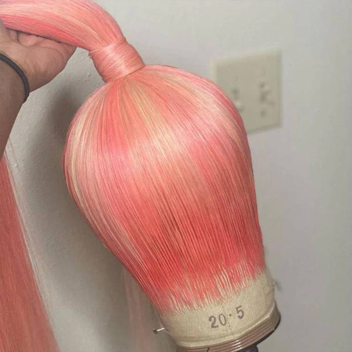 180% density Pink human hair wig, Blonde Highlights, 13x4 lace front