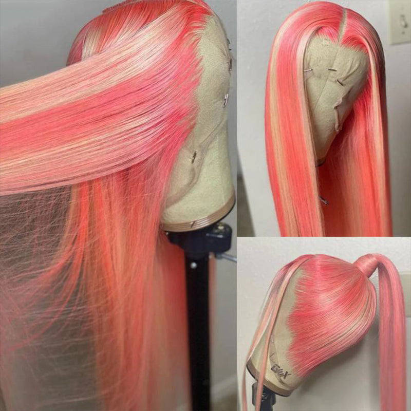 180% density Pink straight wig, Blonde Highlights, 13x4 HD lace front