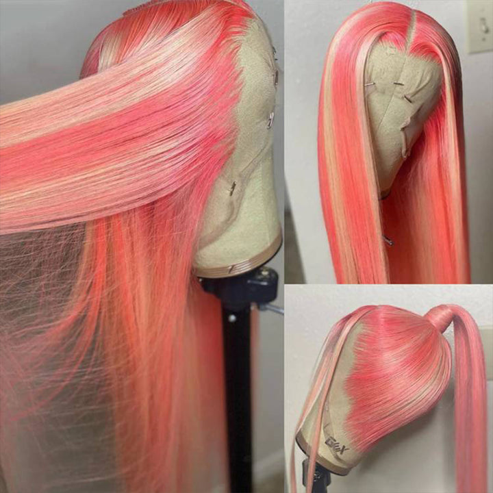 180% density Pink straight wig, Blonde Highlights, 13x4 HD lace front