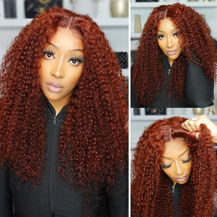 180% density Reddish Brown Deep Wave human hair wig, pre-cut glueless closure