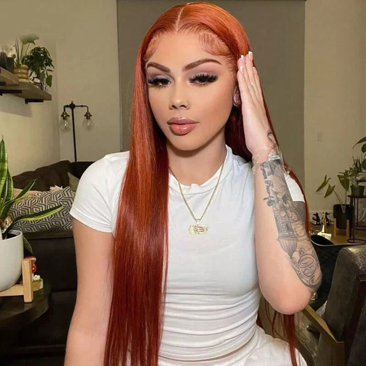 180% density Reddish Brown Straight wig, pre-cut glueless human hair closure