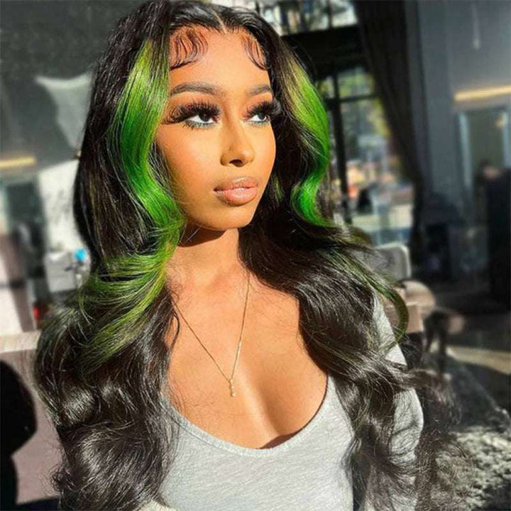 180% density Skunk Stripe human hair wig, Green Streak Highlights, 13x4 lace