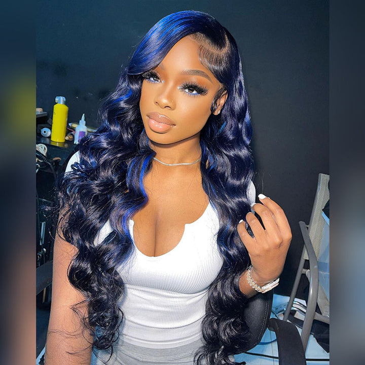 180% density black wig with Blue Highlights, 13x4 HD lace front