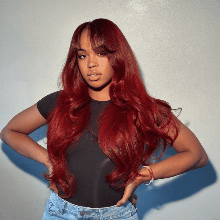 180% high density Body Wave wig, 99J Burgundy, Curtain Bangs, 13x4 lace front