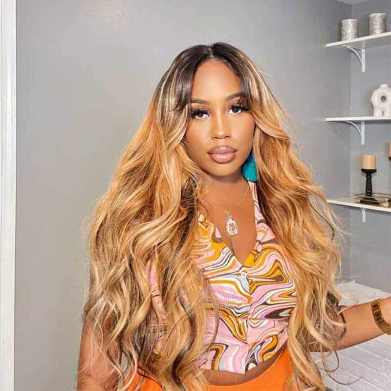 180% high density Body Wave wig, Ombre 1B27, 13x4 glueless lace front