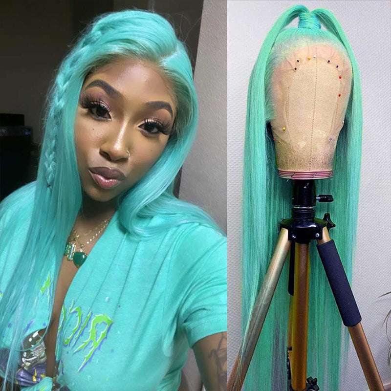 180% high density wig, Pastel Green color, 13x4 lace front