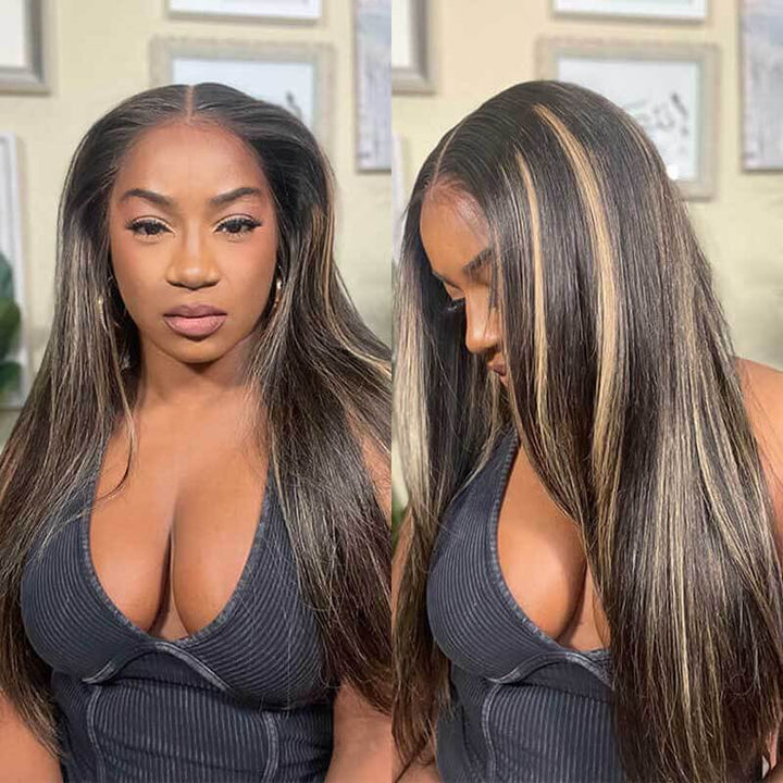 1B/30 Highlight straight human hair wig, 13x4 HD transparent lace front