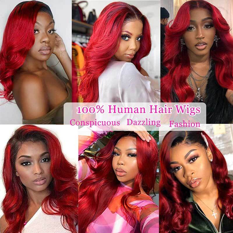 1B/Burgundy Body Wave 13x4 glueless HD lace front wig, 250% density