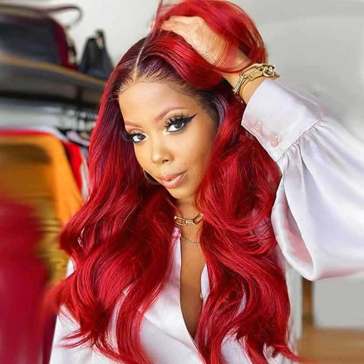 1B/Burgundy Body Wave human hair wig, 250% density, 13x4 glueless lace