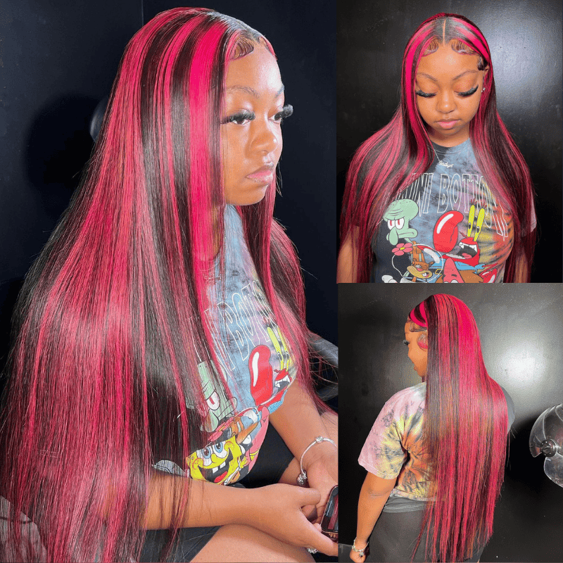 1B Burgundy Highlight 13x4 straight lace front wig, HD transparent lace