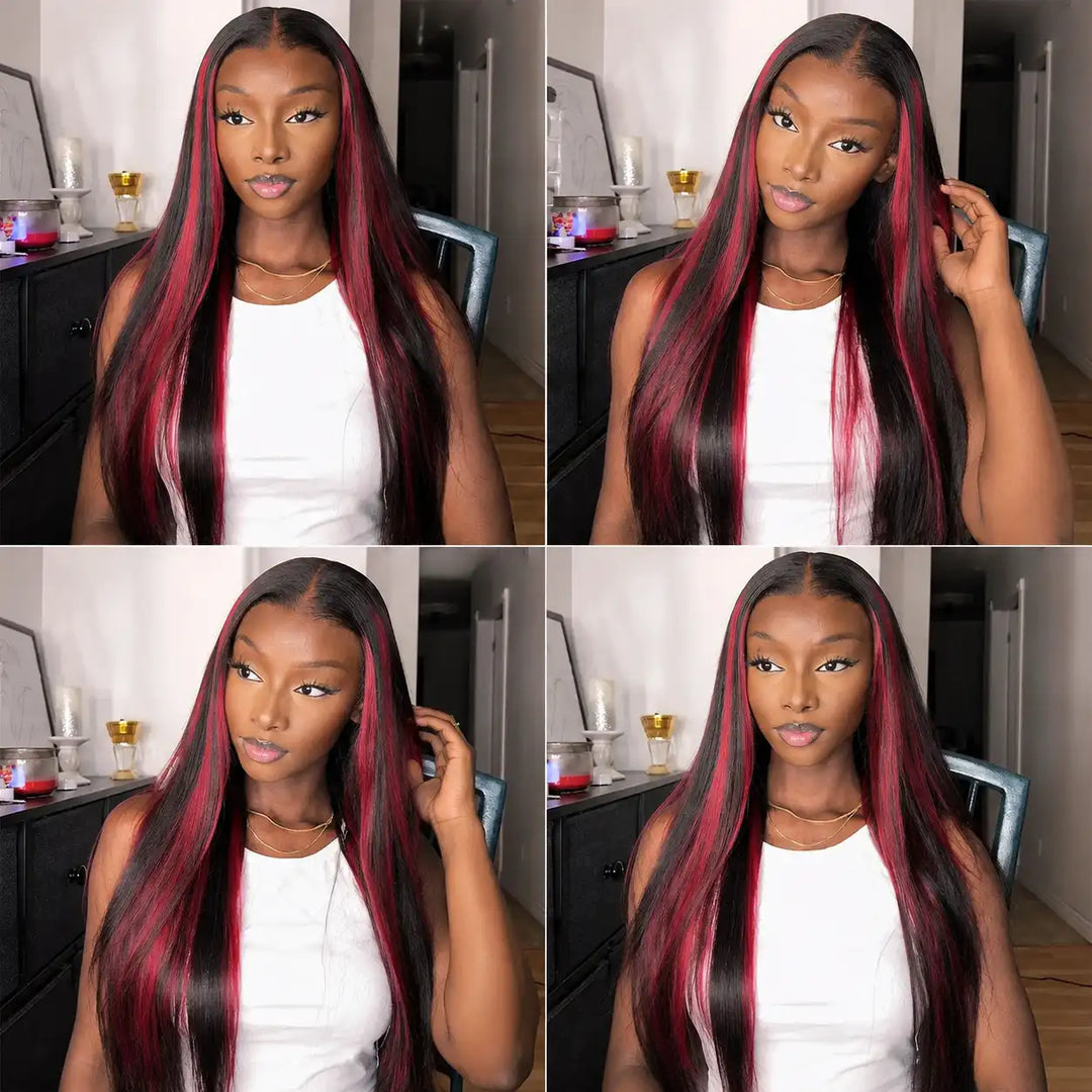 1B Burgundy Highlight Human Hair Straight Wig HD Lace
