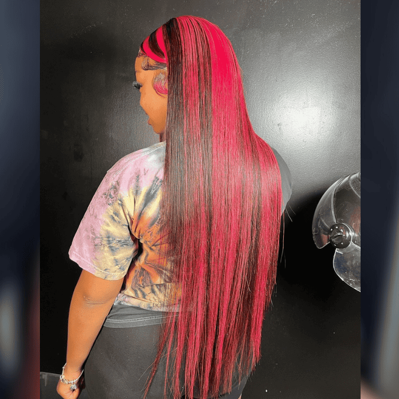 1B Burgundy Highlight straight human hair wig, 13x4 HD transparent lace