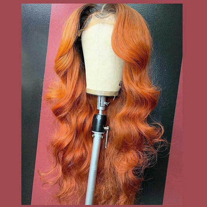1B/Ginger Body Wave human hair wig, 180% density, glueless lace